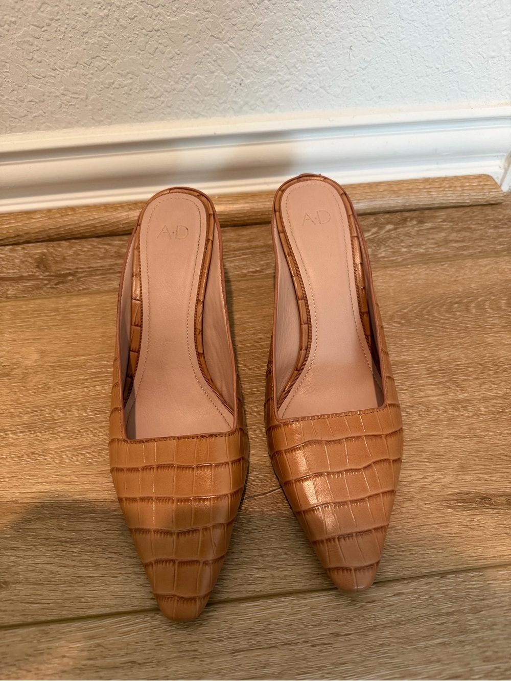 Pointed Toe Croc-Embossed Slip-On Mules in Tan